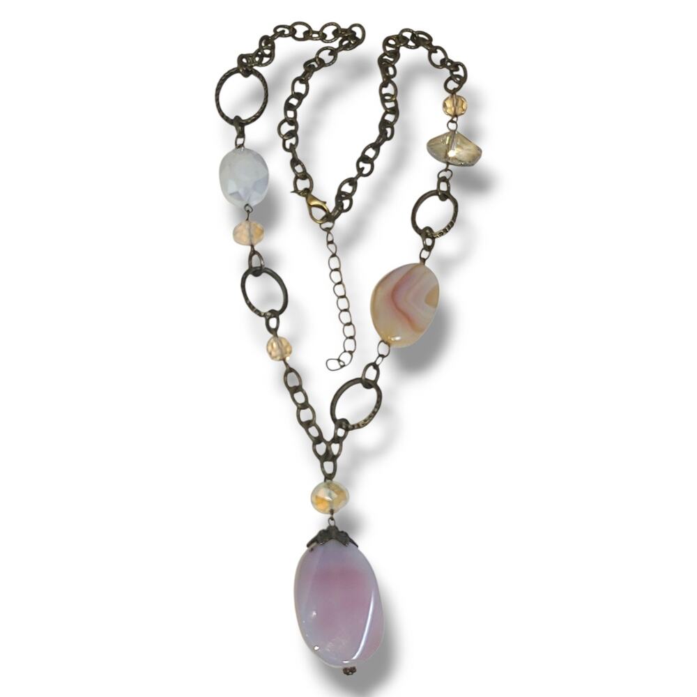 Rose Quartz & Crystal Y-drop Necklace Antique Gold Tone 22"-24"